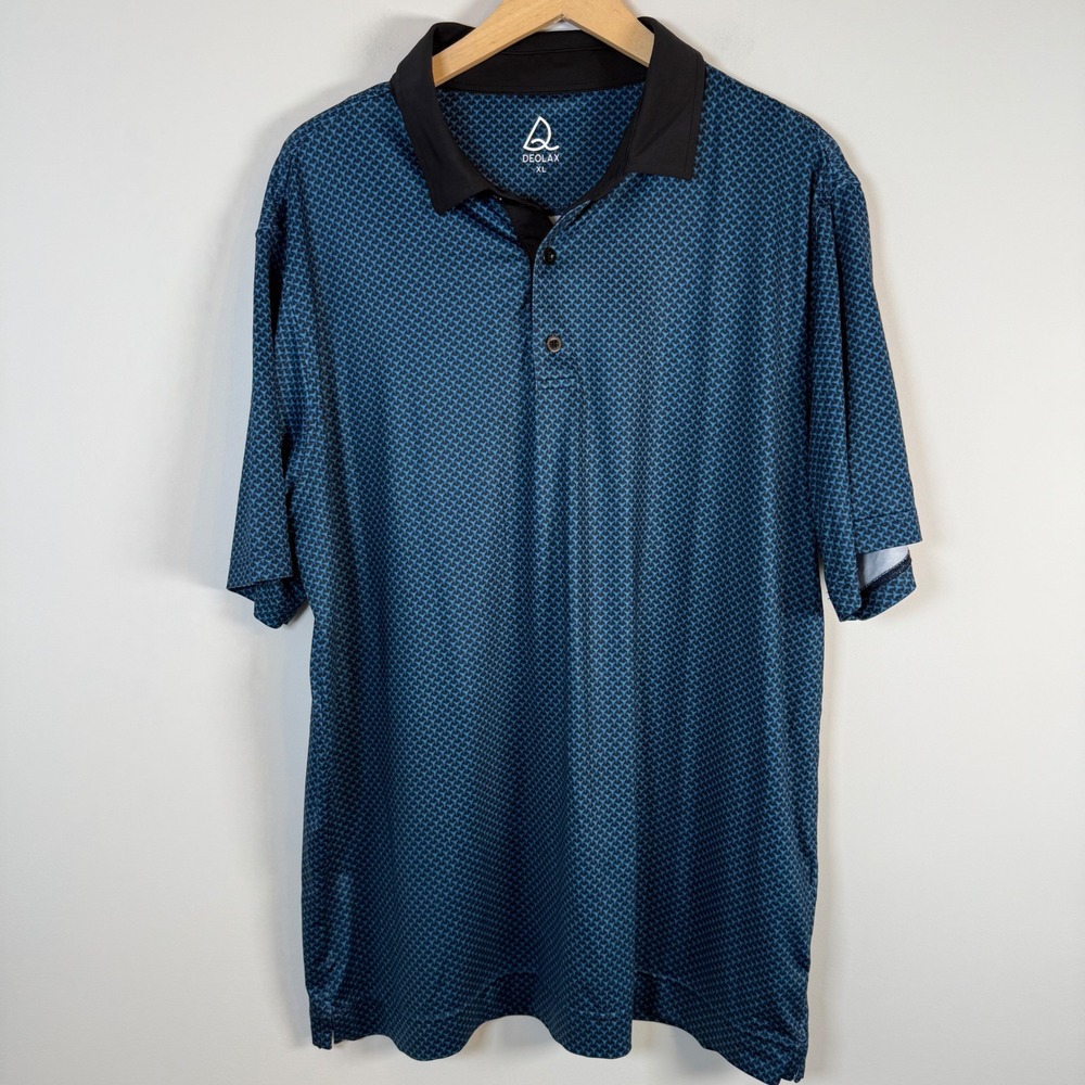 Deolax Geometric Print Polo T-Shirt Top XL Golf Blue Black Short Sleeve Stretch